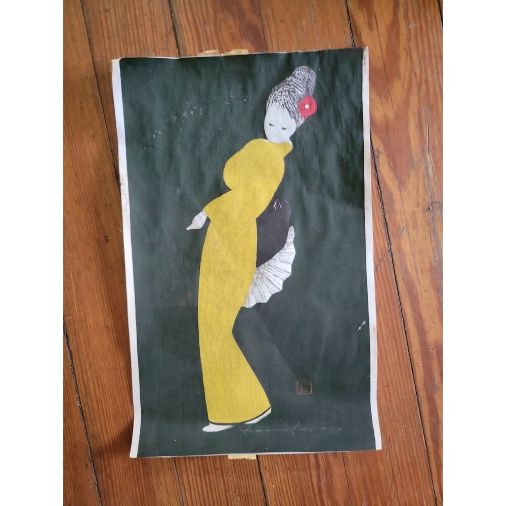 READ Kaoru Kawano, Dancer in Yellow, 1950s MCM woodblock woodcut print Japan Vtg